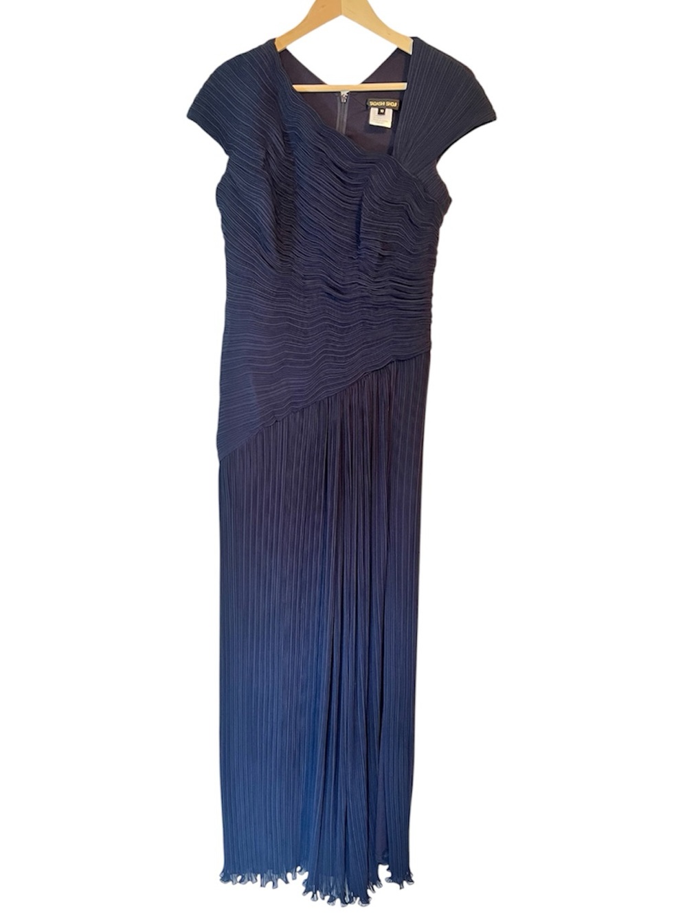 Tadashi Shoji Navy Asymmetrical Pleated Chiffon Gown with draped bodice